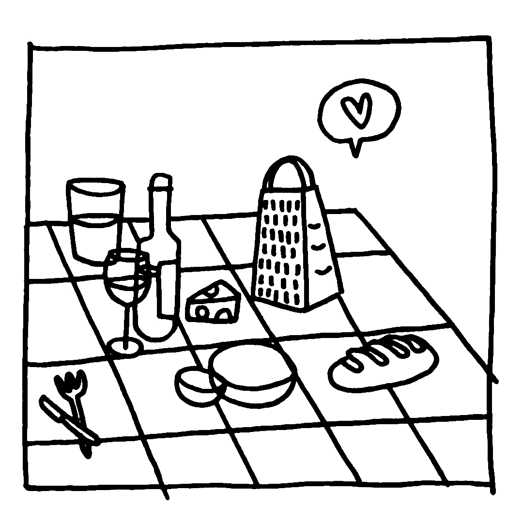 Tablée avec vin, fromage, pain et couverts sur nape vichy